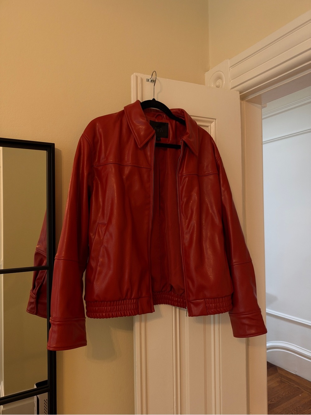 Zara Red Leather Bomber Jacket